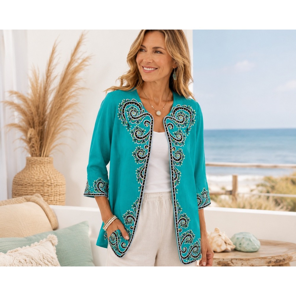 Bob Mackie Wearable‎ Art Teal Embroidered Linen Blend Jacket Coastal Boho Small